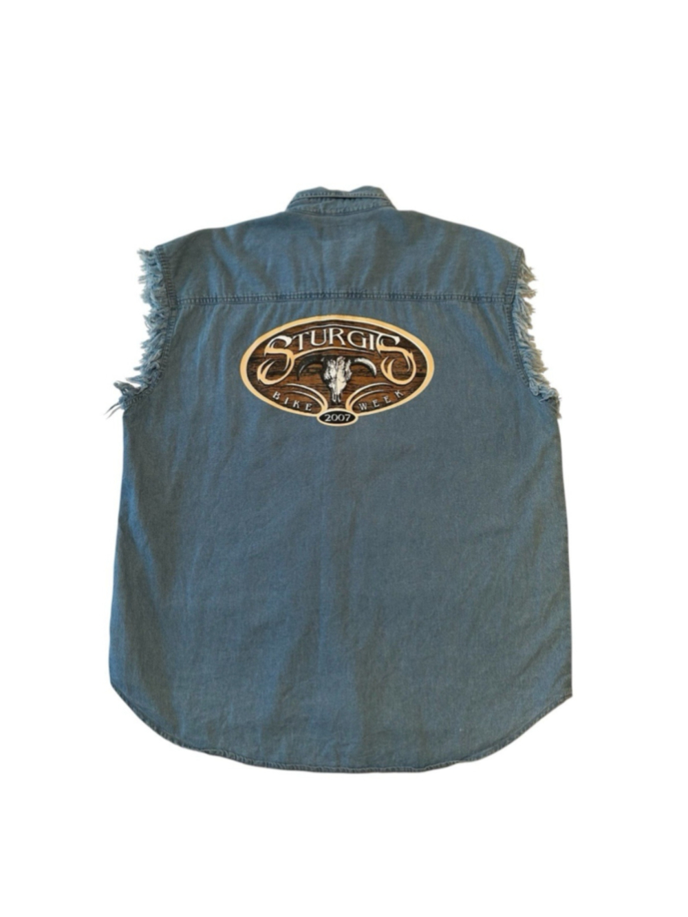 Sturgis Bike Week 2007 Sleeveless Denim Shirt Mens XL Blue Motorcycle Cow Skull